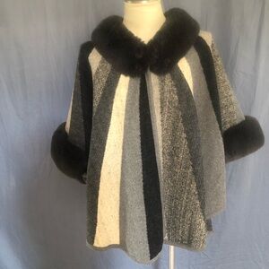Striped Poncho/Cape with Faux Fur Trim